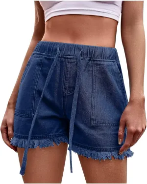 XUNRYAN Shorts for Women Trendy Denim Jean Cargo Shorts High Waist Drawstring Casual Lightweight Fashion Shorts Pockets