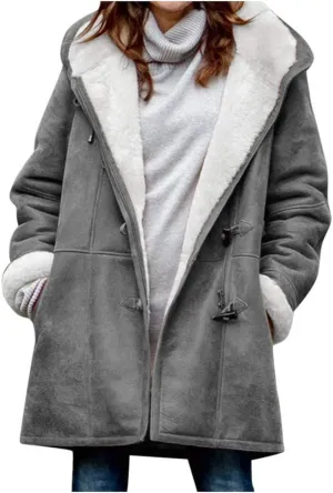 XUNRYAN Womens Winter Warm Coat with Hood Plus Size Suede Leather Sherpa Jackets Fleece Plush Hoodie Jackets Outerwear