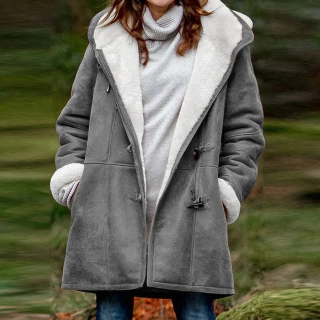 XUNRYAN Womens Winter Warm Coat with Hood Plus Size Suede Leather Sherpa Jackets Fleece Plush Hoodie Jackets Outerwear
