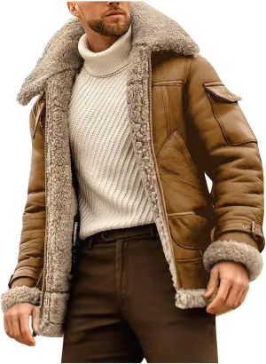 Ymosrh Men's Leather Coats Faux Sherpa Lined Bomber Jacket Winter Warm Turn-Down Collar Coats Jacket, M-5XL