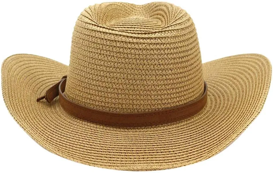 YOLAI Mens Stra𝐰 Cowboy Hat Women Floppy Packable Wide Brim Sun Hat Western Panama Travel Beach Cap Fedora Bucket