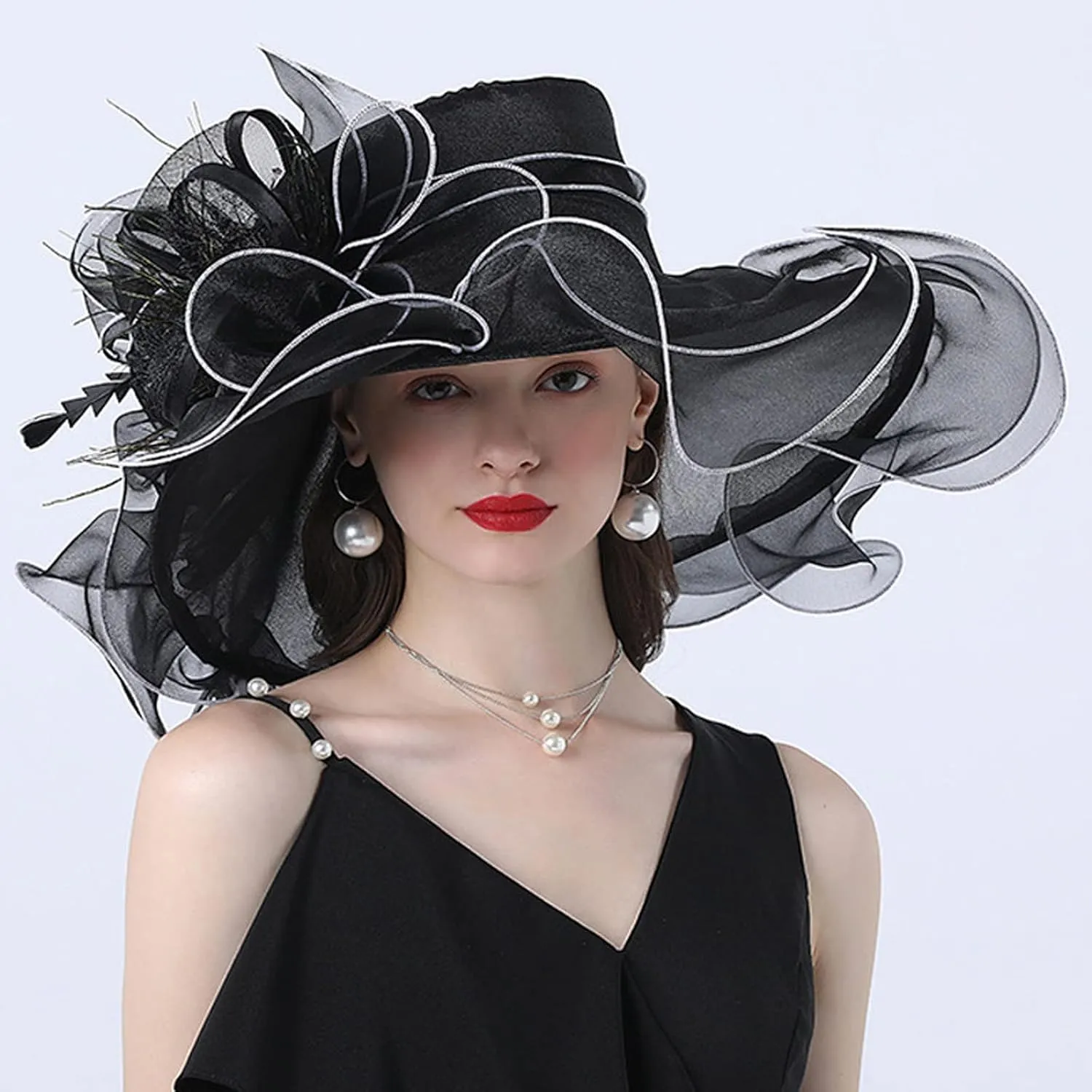 YOLAI Women Blue Large Mesh Flower Wide Brim Tea Party Fascinators Hat Easter Church Ladies Dress Hats
