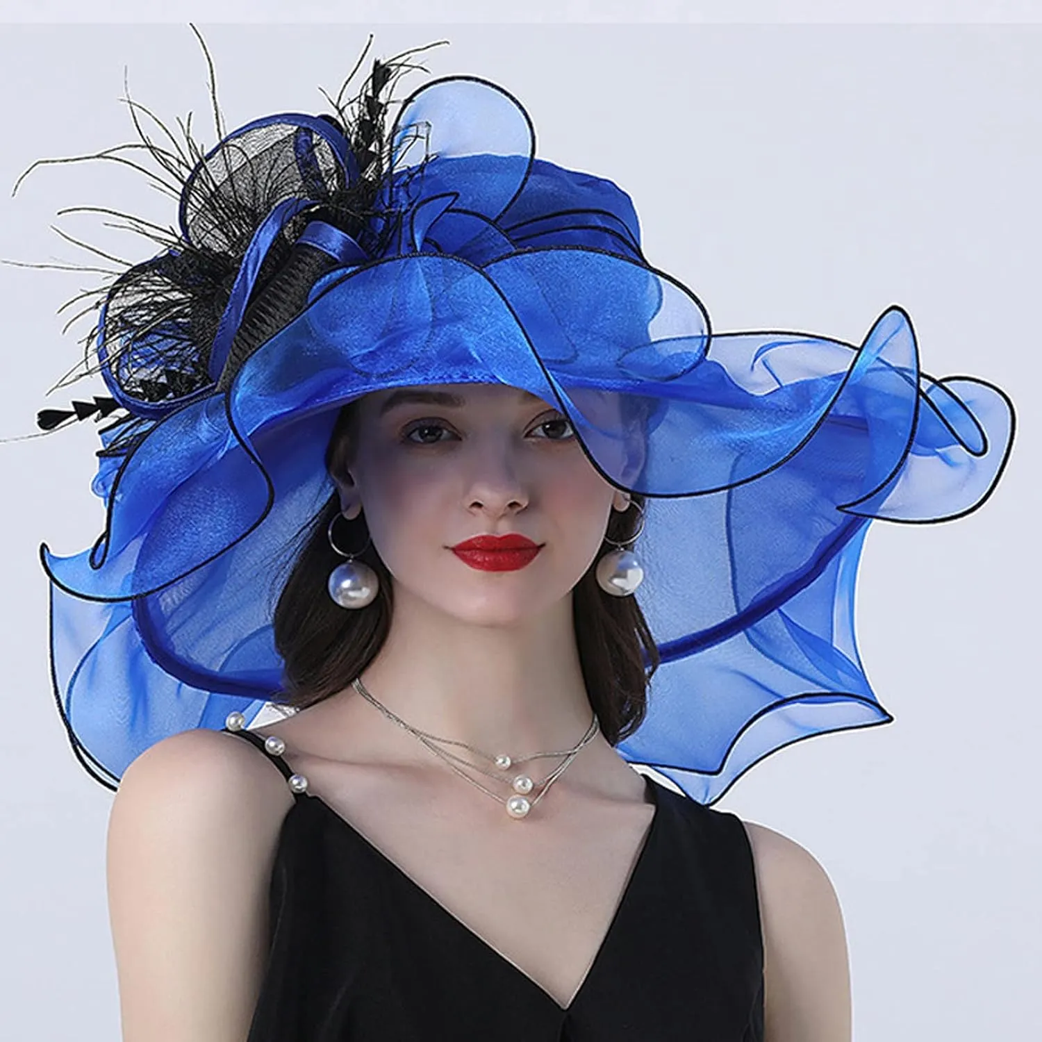 YOLAI Women Blue Large Mesh Flower Wide Brim Tea Party Fascinators Hat Easter Church Ladies Dress Hats