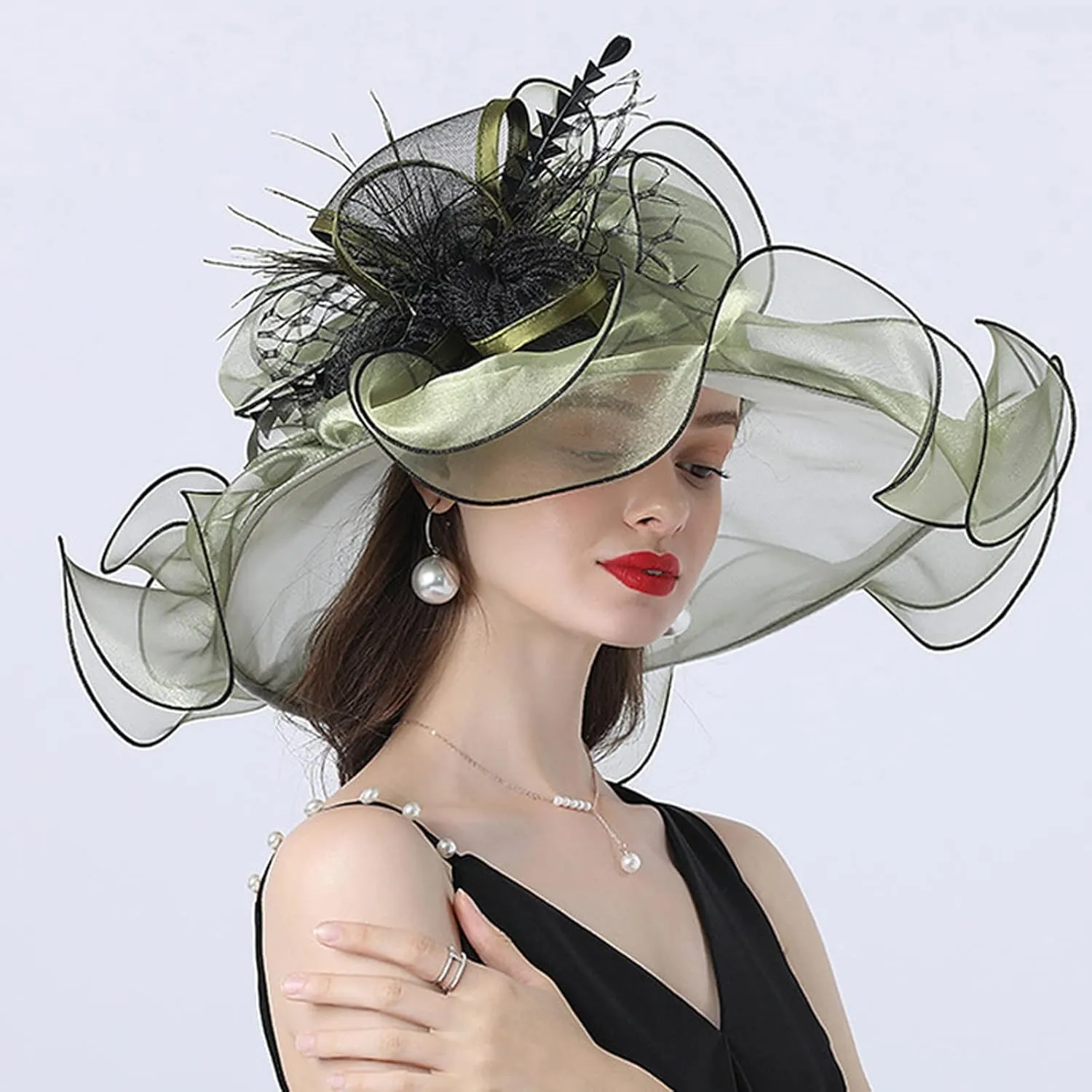 YOLAI Women Blue Large Mesh Flower Wide Brim Tea Party Fascinators Hat Easter Church Ladies Dress Hats