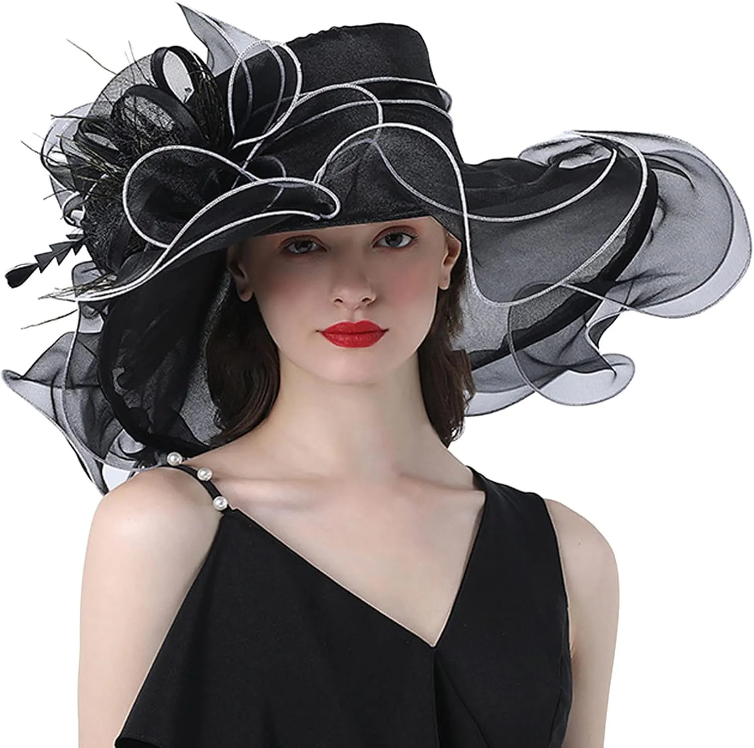 YOLAI Women Blue Large Mesh Flower Wide Brim Tea Party Fascinators Hat Easter Church Ladies Dress Hats