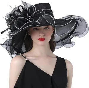 YOLAI Women Blue Large Mesh Flower Wide Brim Tea Party Fascinators Hat Easter Church Ladies Dress Hats