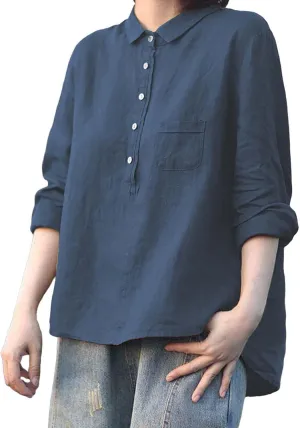 ZYXTIM Women's Cotton Linen Henley Shirts 3/4 Sleeve Lapel Loose Summer Tops Floral Printed Lightweight Casual Blouse Tops