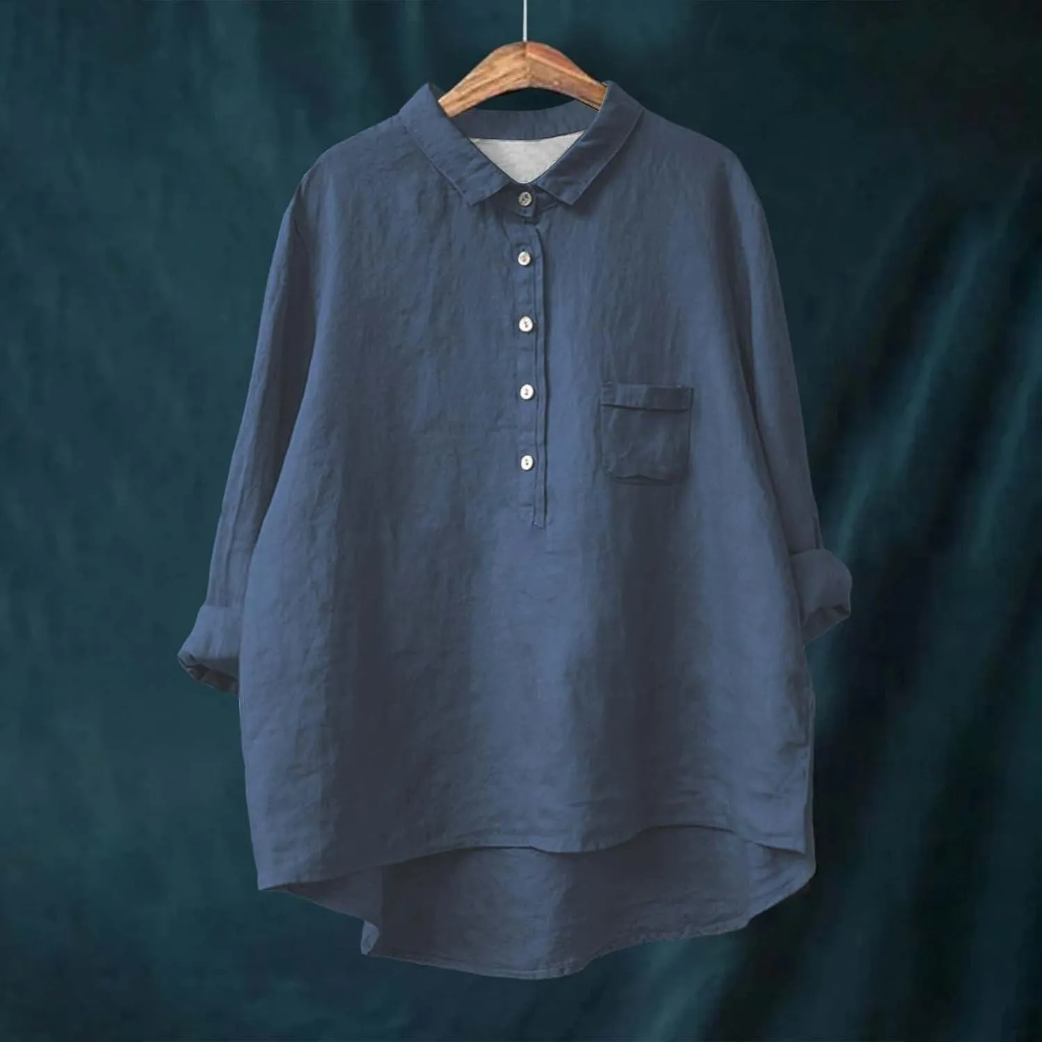 ZYXTIM Women's Cotton Linen Henley Shirts 3/4 Sleeve Lapel Loose Summer Tops Floral Printed Lightweight Casual Blouse Tops